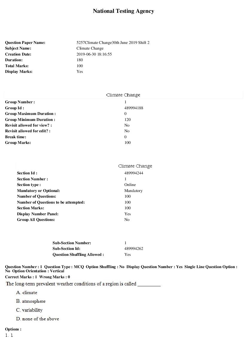 ARPIT 2019 Question Paper for Climate Change Shift 2 - Page 1 of 34