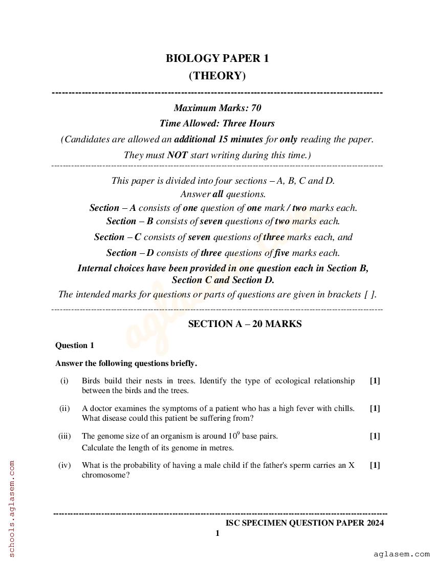 Isc Specimen Paper Class 12 2024 Image To U