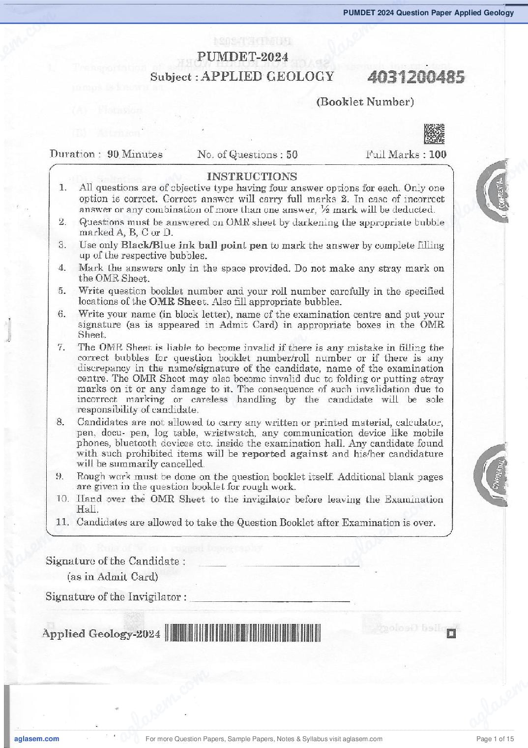 PUMDET 2024 Question Paper Applied Geology - Page 1 of 15