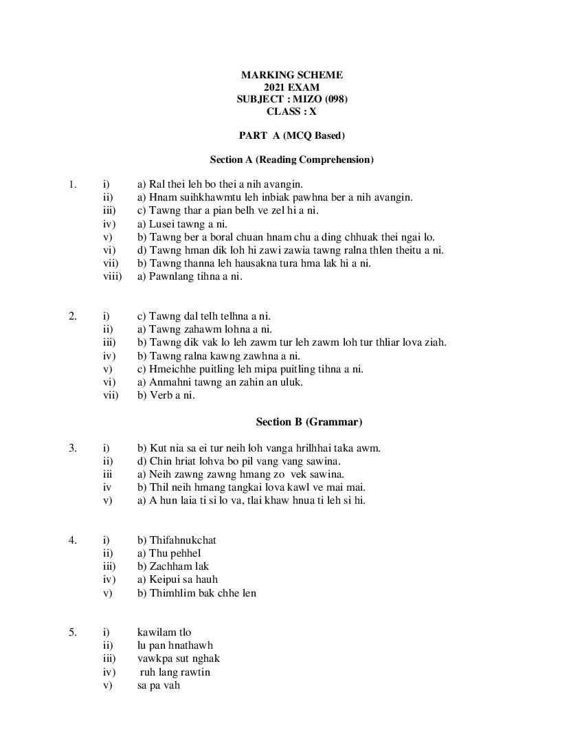 CBSE Class 10 Marking Scheme 2021 for Mizo - Page 1