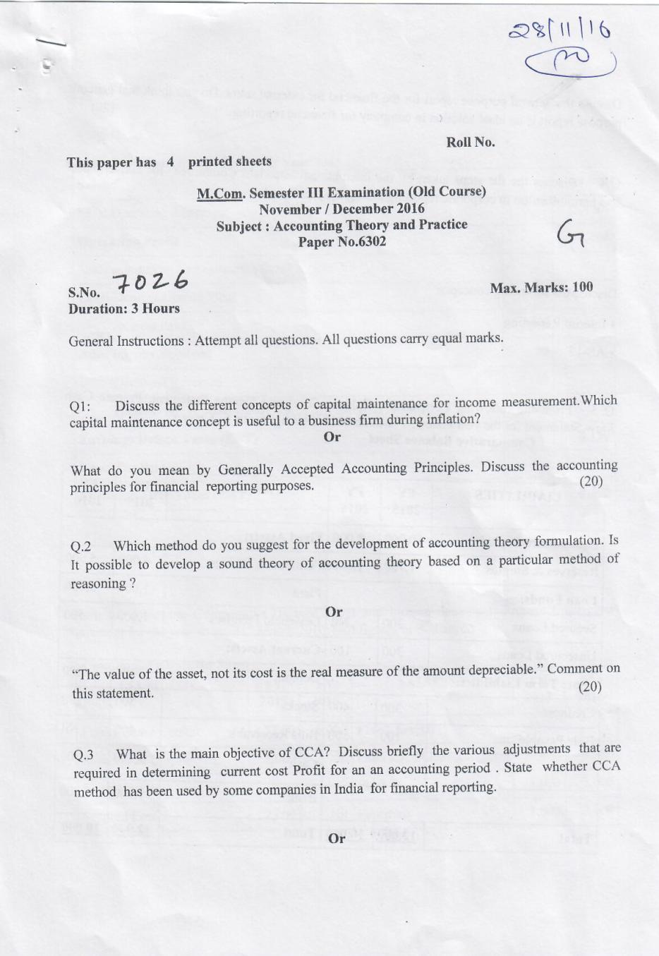 DU SOL M.Com Question Paper 2nd Year 2017 Sem 3 Accounting Theory And Practice Set 1 - Page 1