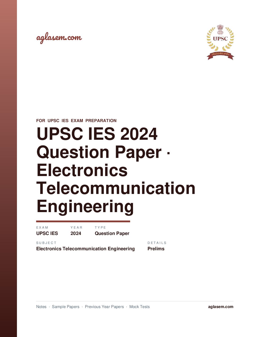 UPSC IES 2024 (Prelims) Question Paper for Electronics and Telecommunication Engineering - Page 1 of 37