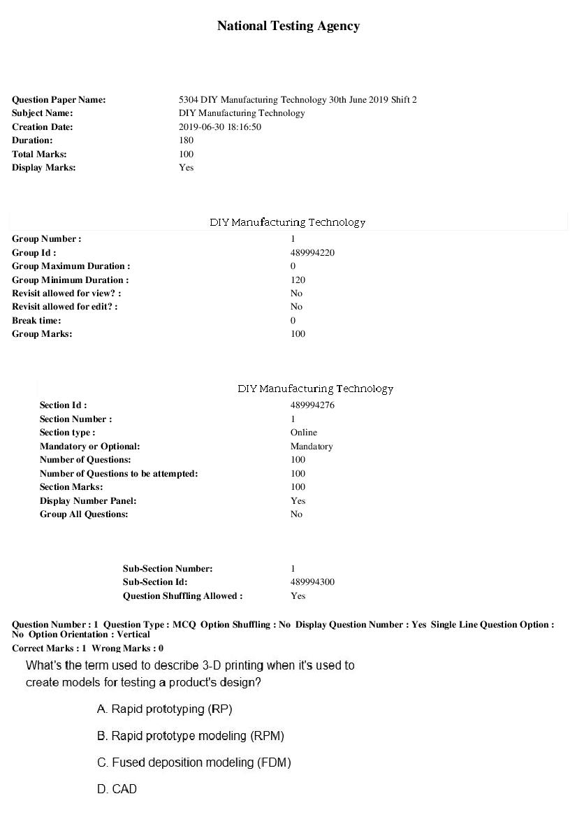 ARPIT 2019 Question Paper for DIY Manufacturing Technology Shift 2 - Page 1 of 35