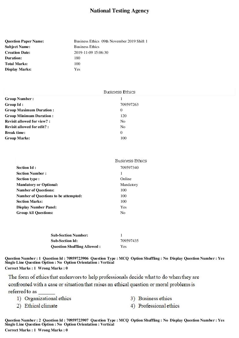 SWAYAM 2019 Question Paper Business Ethics - Page 1 of 18