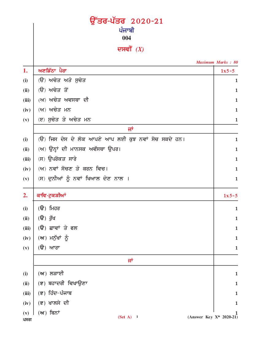 CBSE Class 10 Marking Scheme 2021 for Punjabi - Page 1
