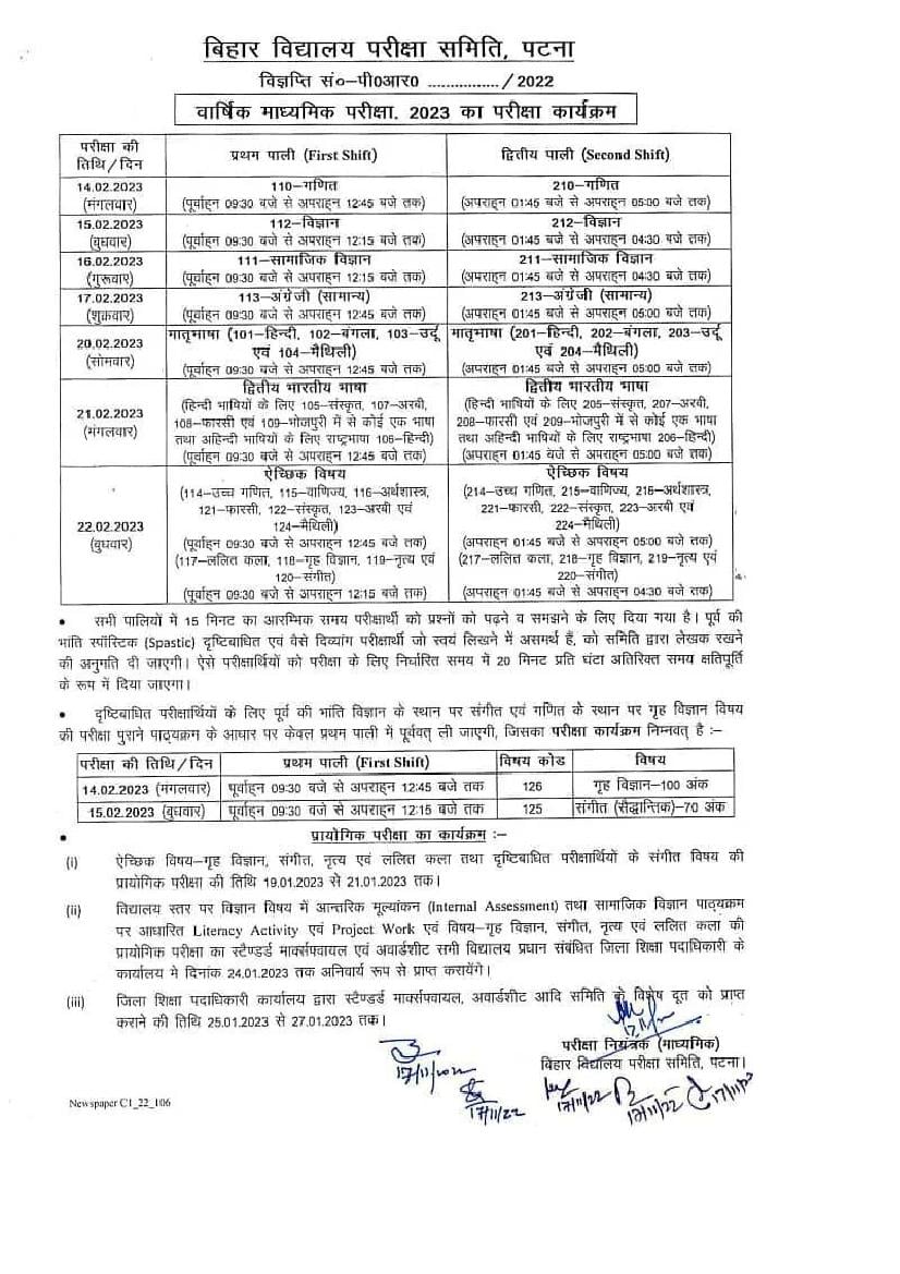 Bihar Board 10th Exam Date 2023 - Page 1