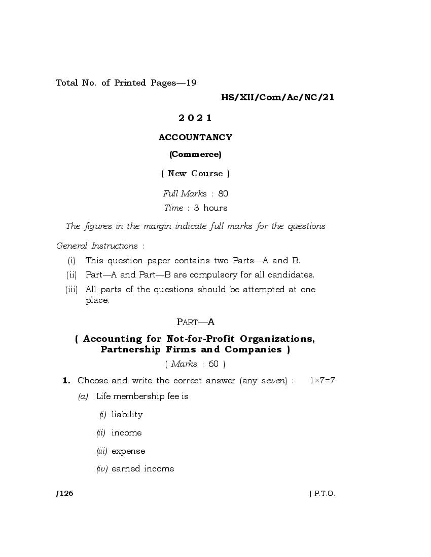 MBOSE Class 12 Question Paper 2021 for Accountancy - Page 1
