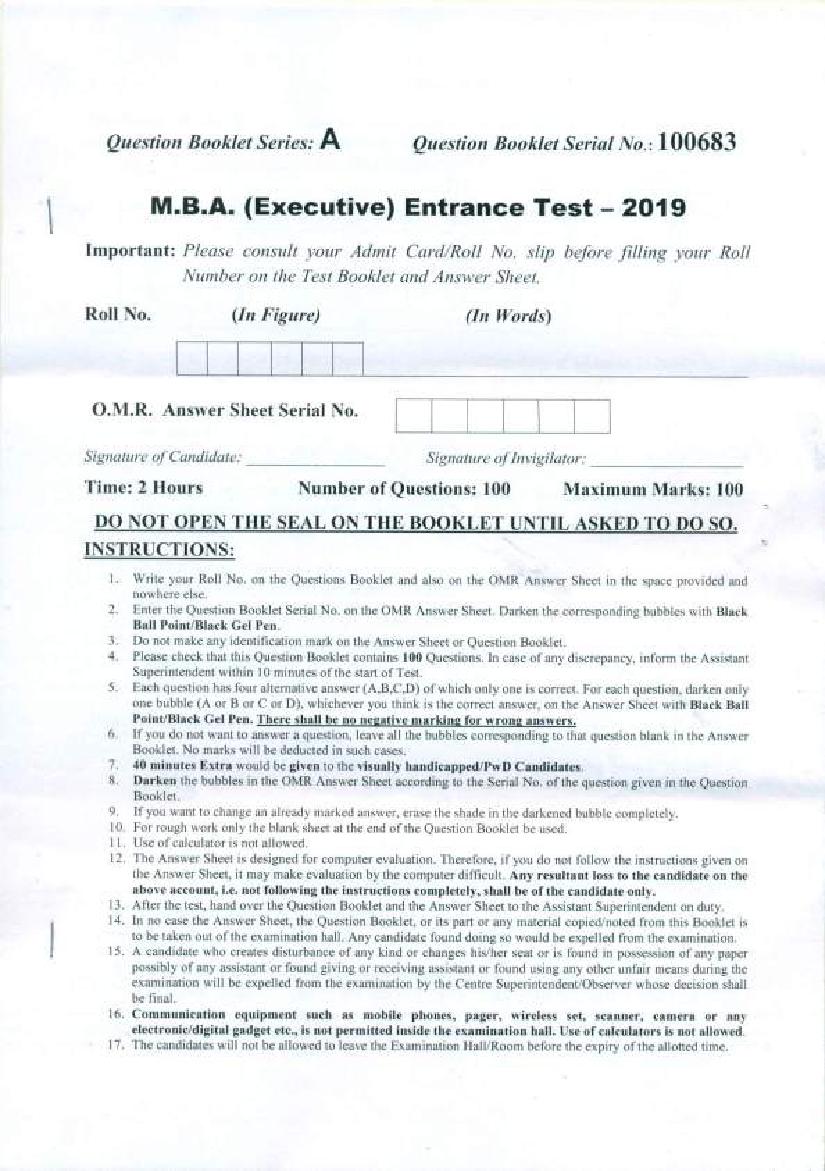 PU MBA (Executive) Entrance Test 2019 Question Paper - Page 1