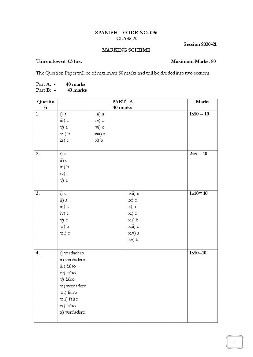 CBSE Class 10 Marking Scheme 2021 for Spanish - Page 1