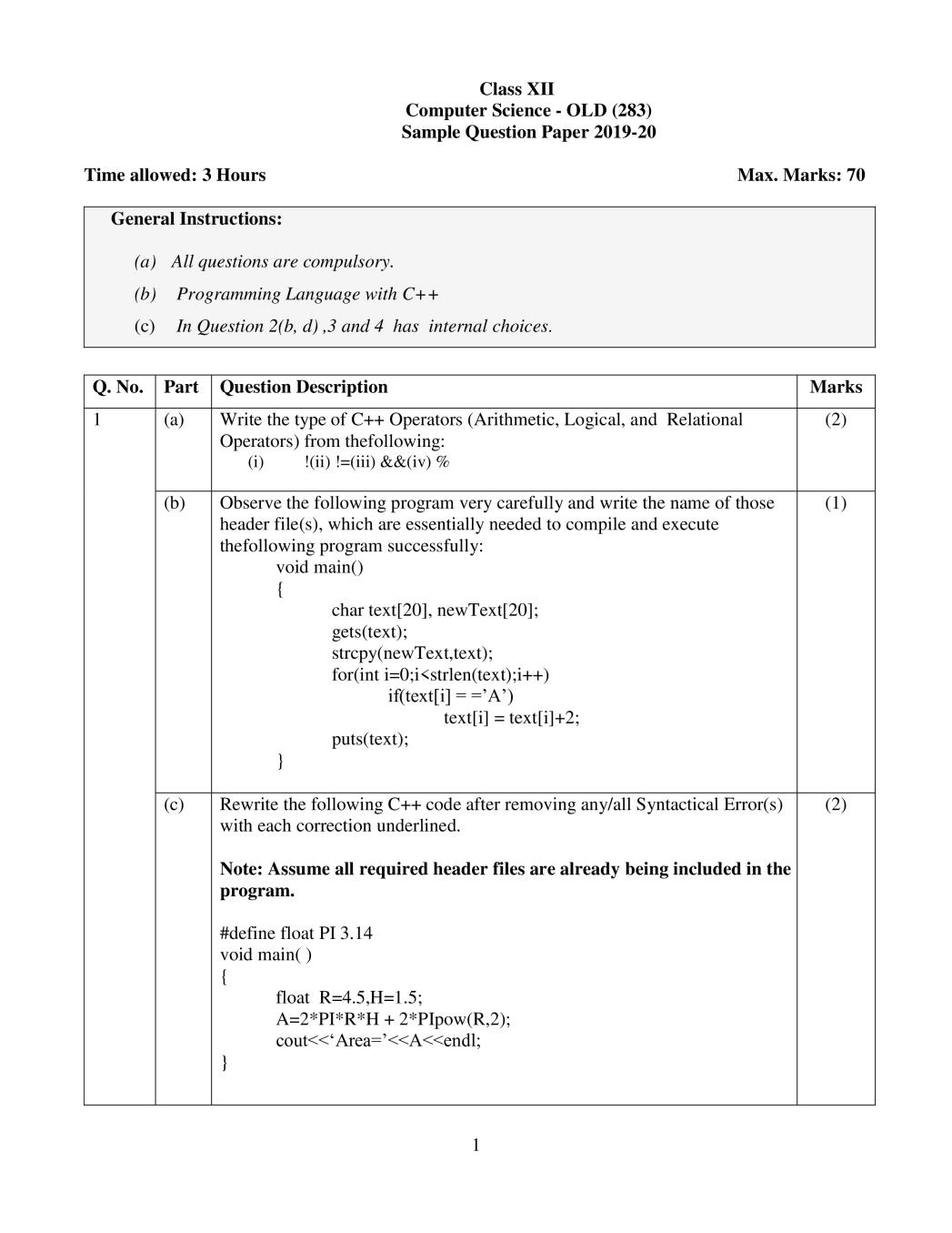 CBSE Class 12 Sample Paper 2020 for Computer Science Old - Page 1