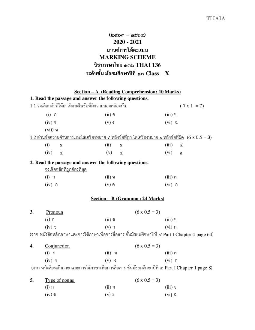 CBSE Class 10 Marking Scheme 2021 for Thai - Page 1