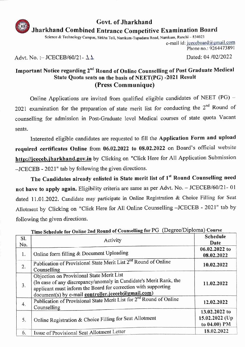 JCECEB PG Medical Admission 2021 2nd Round Counselling Notice - Page 1