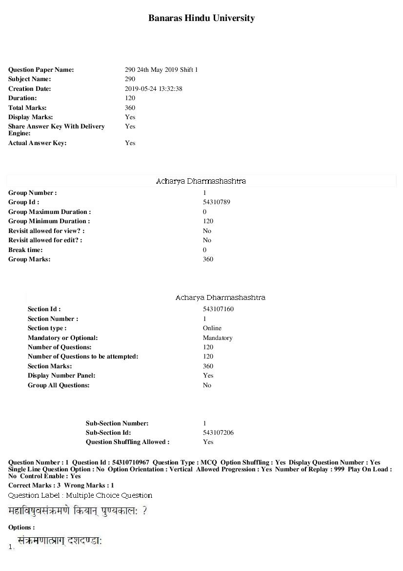 BHU PET 2019 Question Paper Acharya Dharmashashtra - Page 1