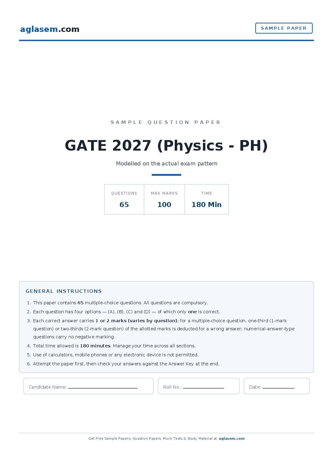 GATE 2027 Sample Paper (Physics - PH) - Page 1 of 10