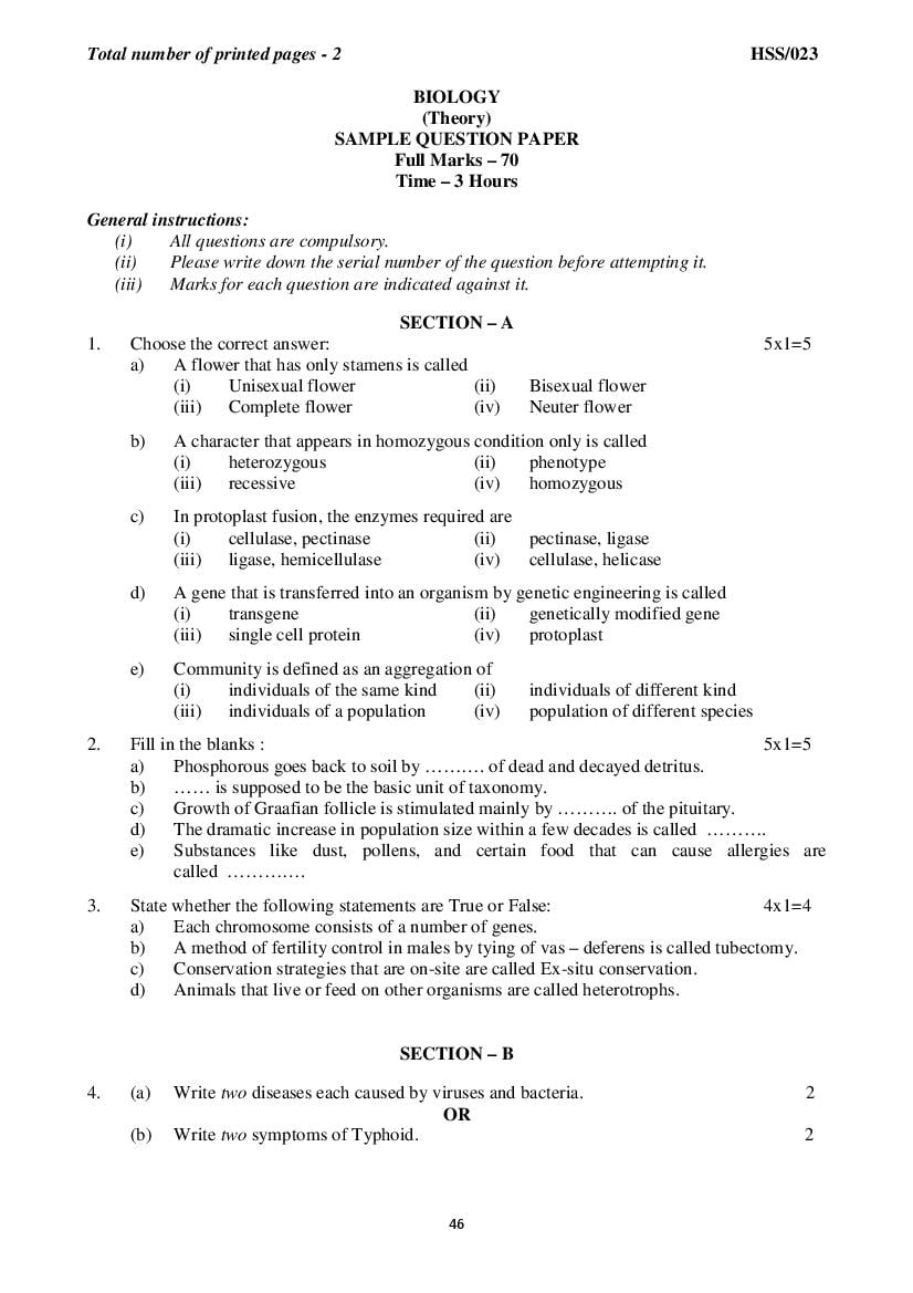 MBSE HSSLC Sample Question Paper 2021 Biology - Page 1