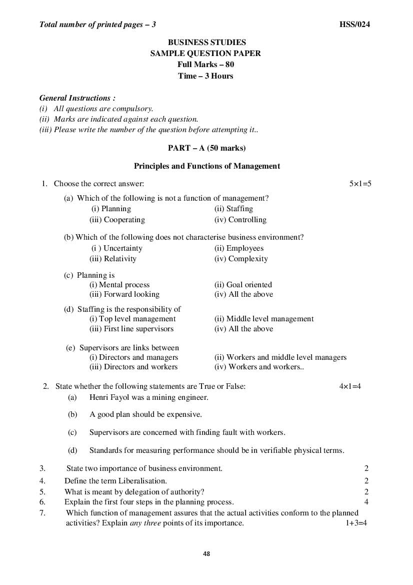 MBSE HSSLC Sample Question Paper Business Studies - Page 1