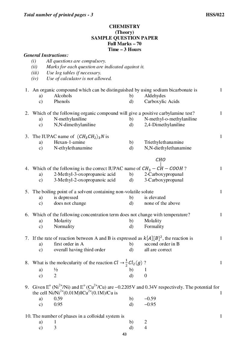 MBSE HSSLC Sample Question Paper Chemistry - Page 1