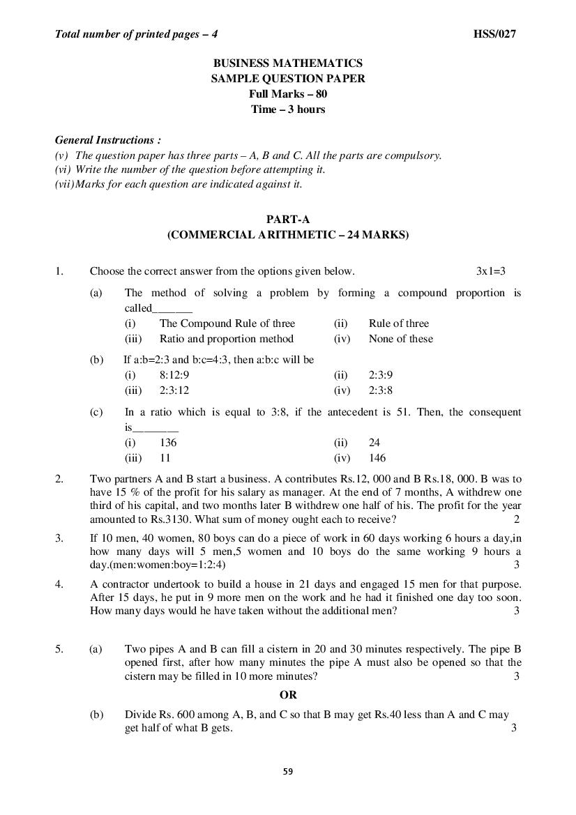 MBSE HSSLC Sample Question Paper 2021 Business Maths - Page 1