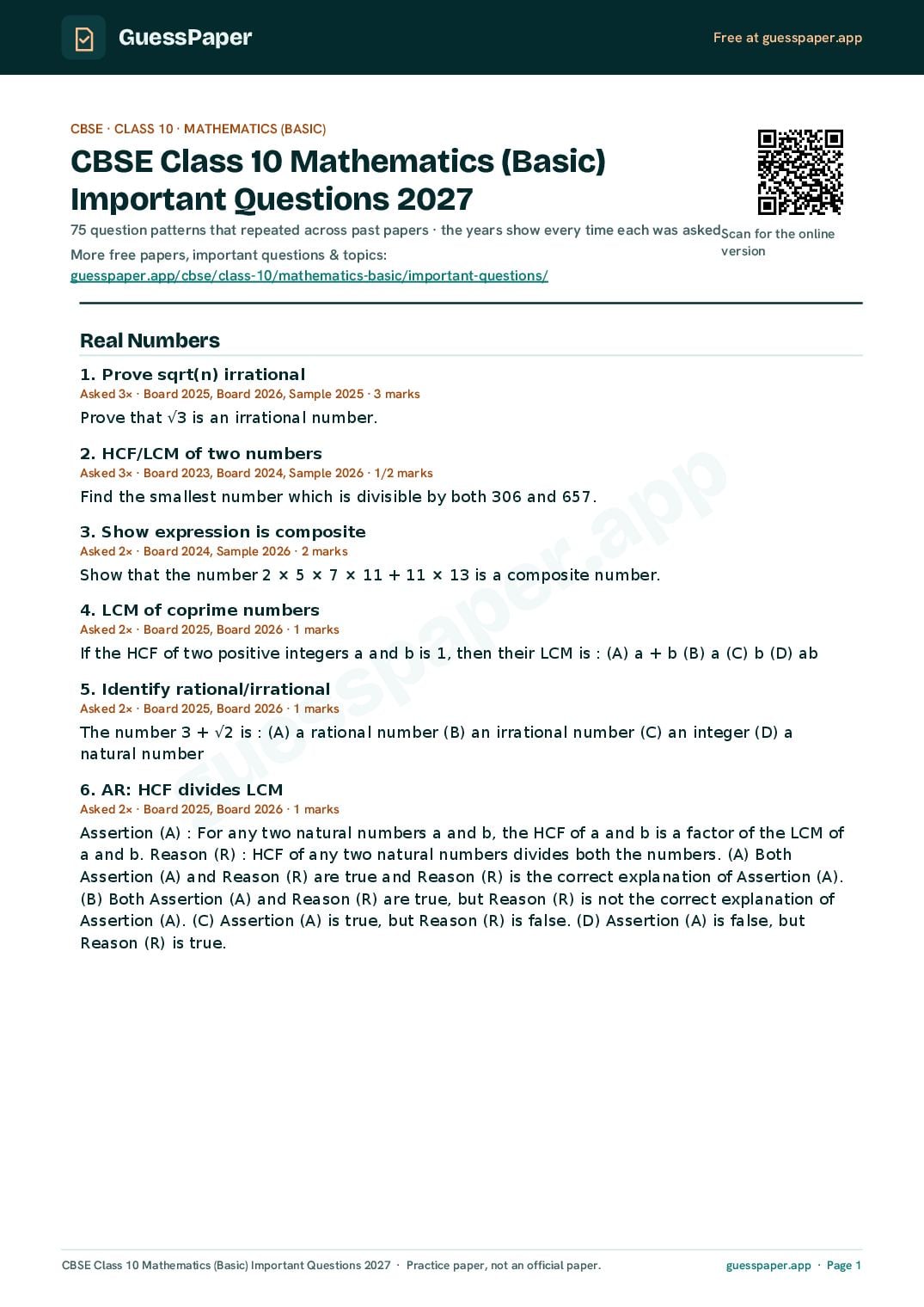 CBSE Class 10 Important Questions 2027 Mathematics Basic - Page 1 of 12
