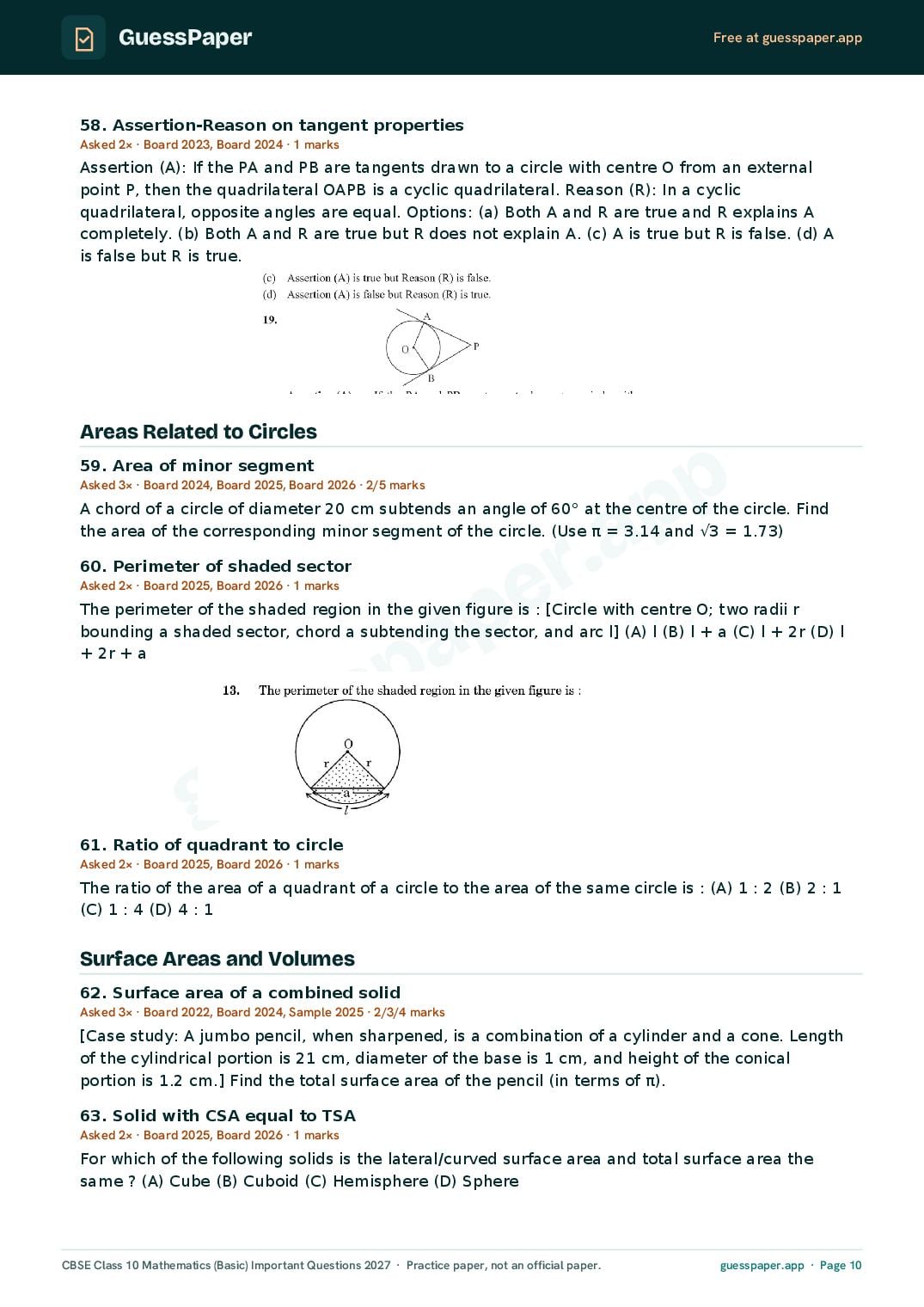 CBSE Class 10 Maths Basic Important Questions 2027 (PDF)