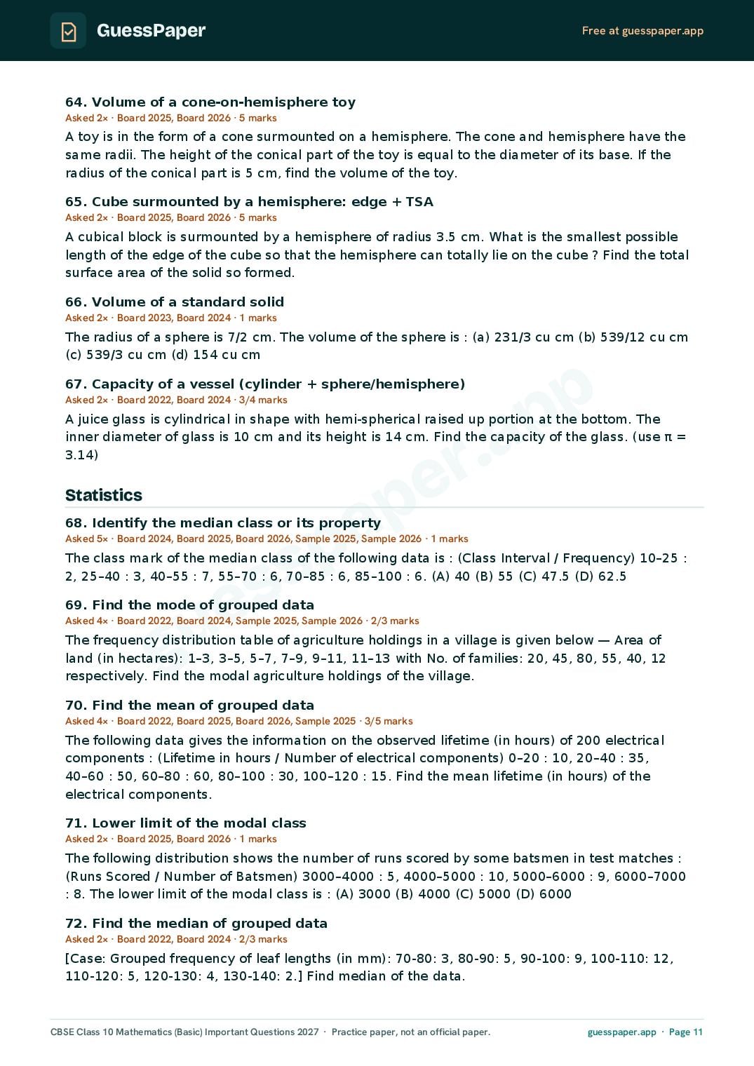 CBSE Class 10 Maths Basic Important Questions 2027 (PDF)