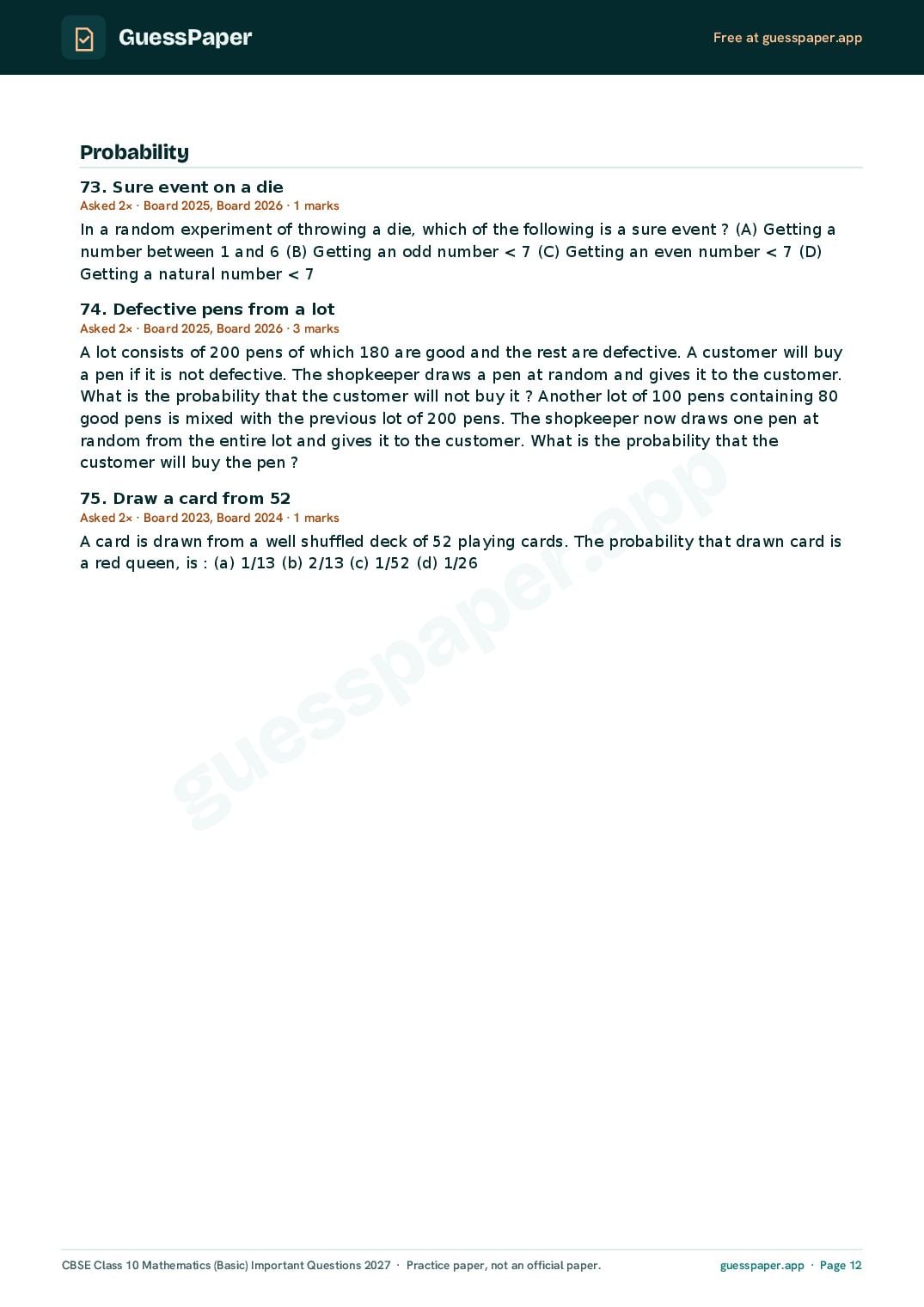 CBSE Class 10 Maths Basic Important Questions 2027 (PDF)