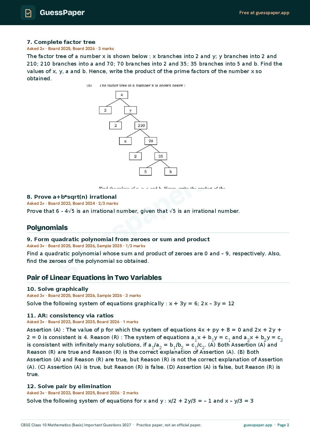 CBSE Class 10 Maths Basic Important Questions 2027 (PDF)