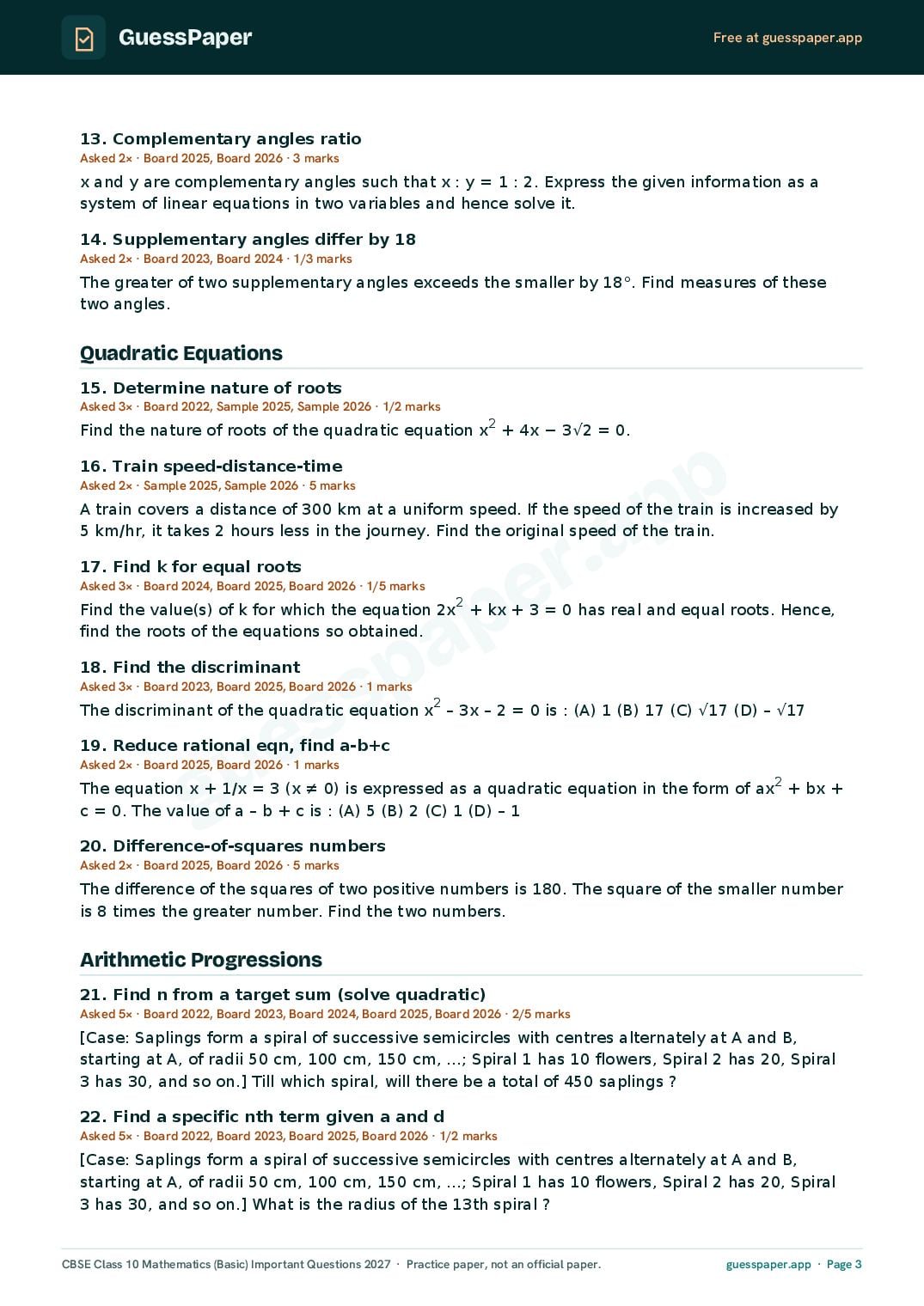 CBSE Class 10 Maths Basic Important Questions 2027 (PDF)