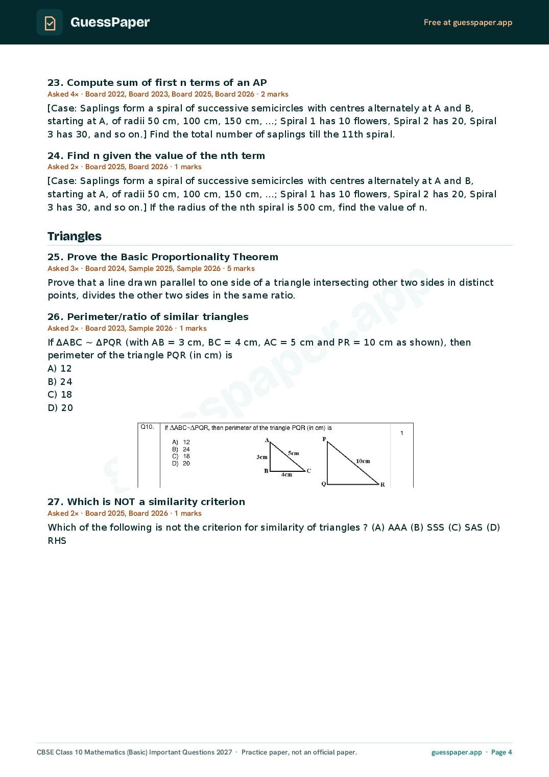 CBSE Class 10 Maths Basic Important Questions 2027 (PDF)