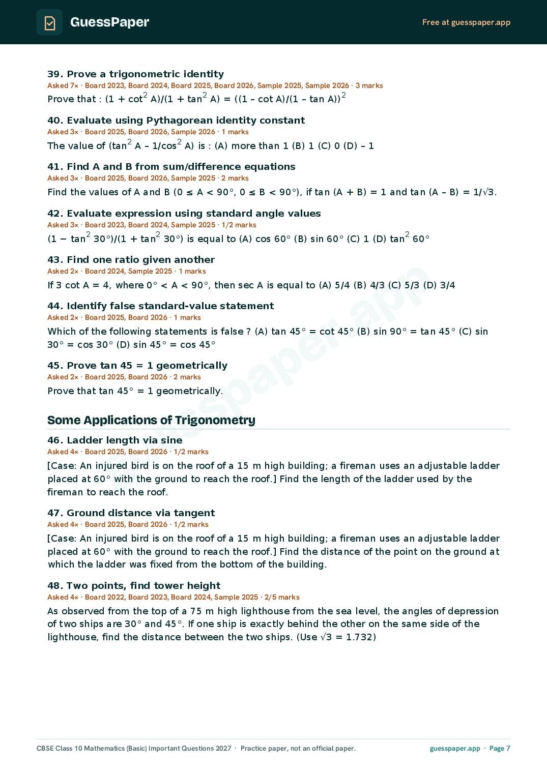 CBSE Class 10 Maths Basic Important Questions 2027 (PDF)