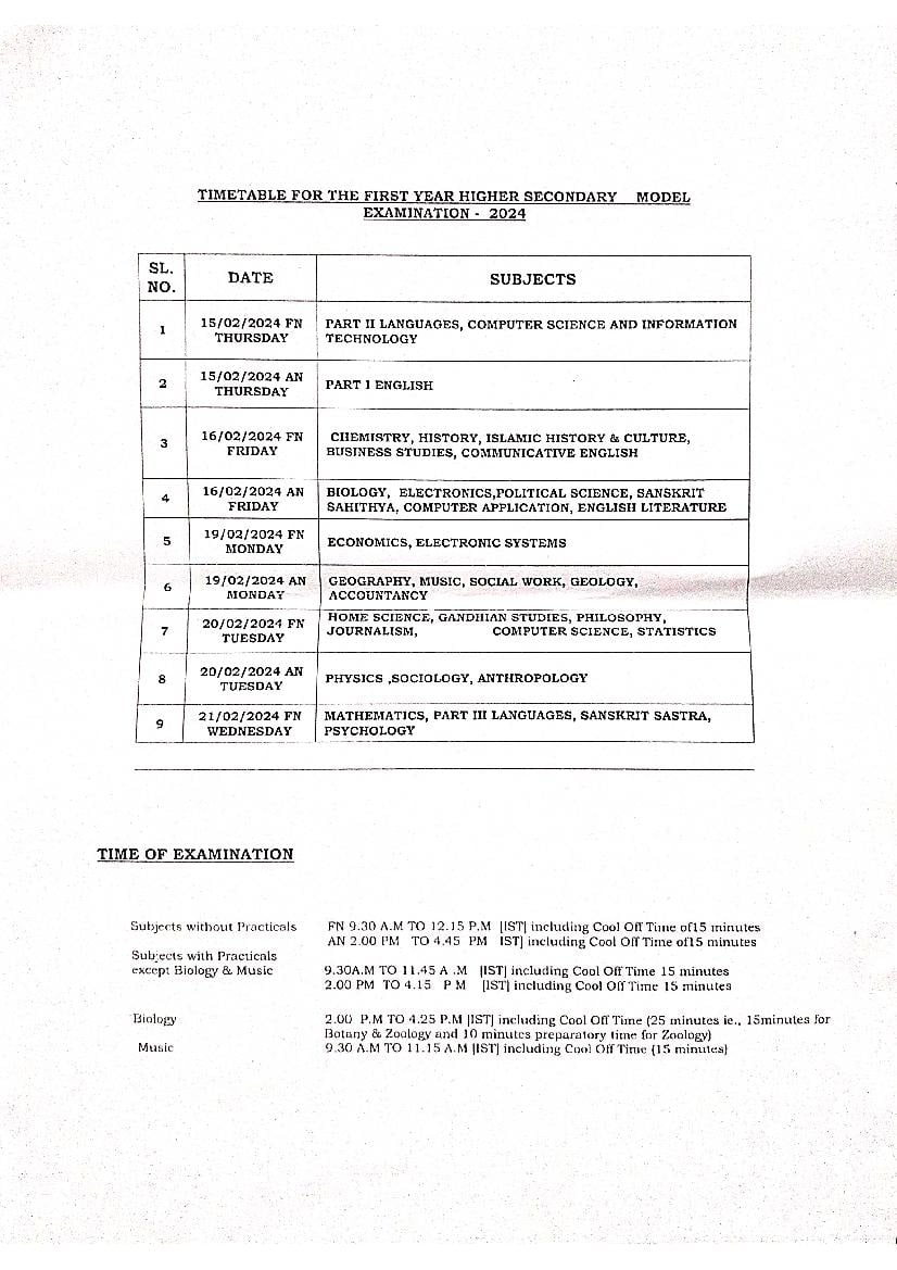Kerala Plus Two Model Exam Time Table 2024 - Page 1