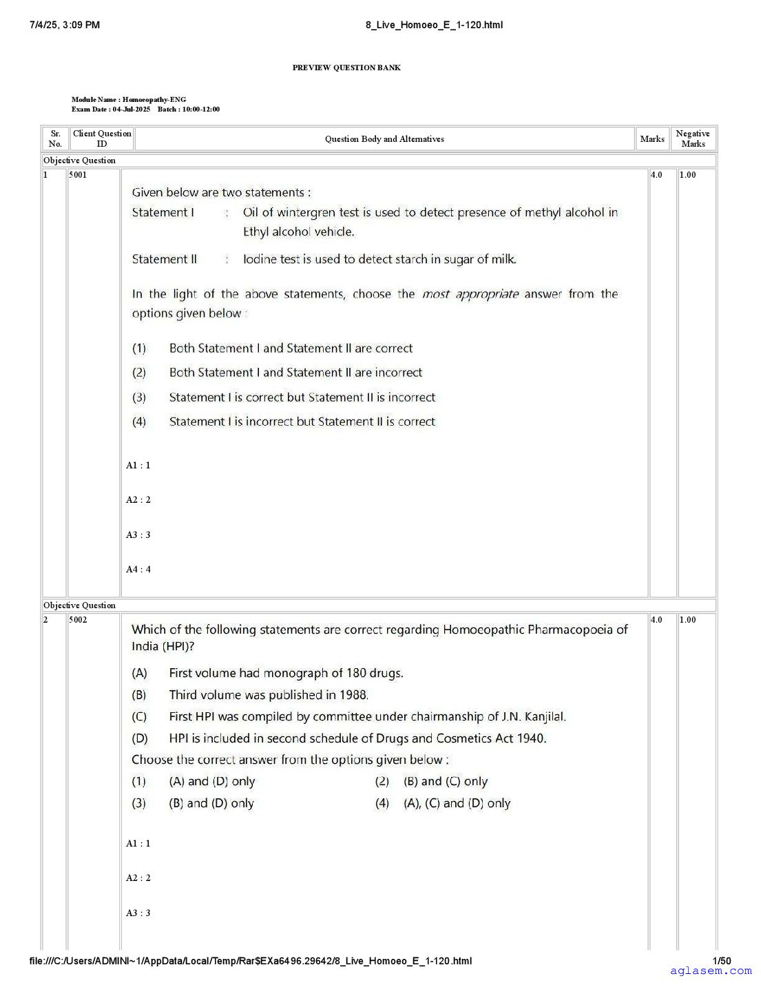 AIAPGET 2025 Question Paper Homeopathy - Page 1 of 50