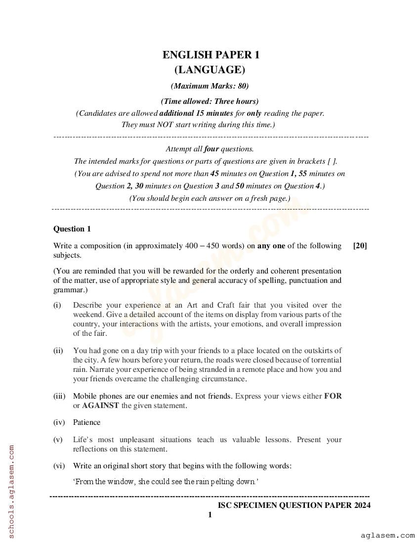 ISC Class 12 English Language Specimen Paper 2024 PDF OneEdu24