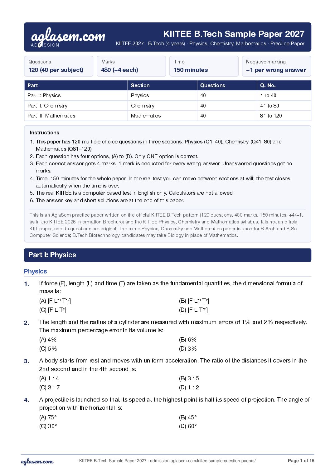 KIITEE 2027 Sample Paper B.Tech - Page 1 of 15