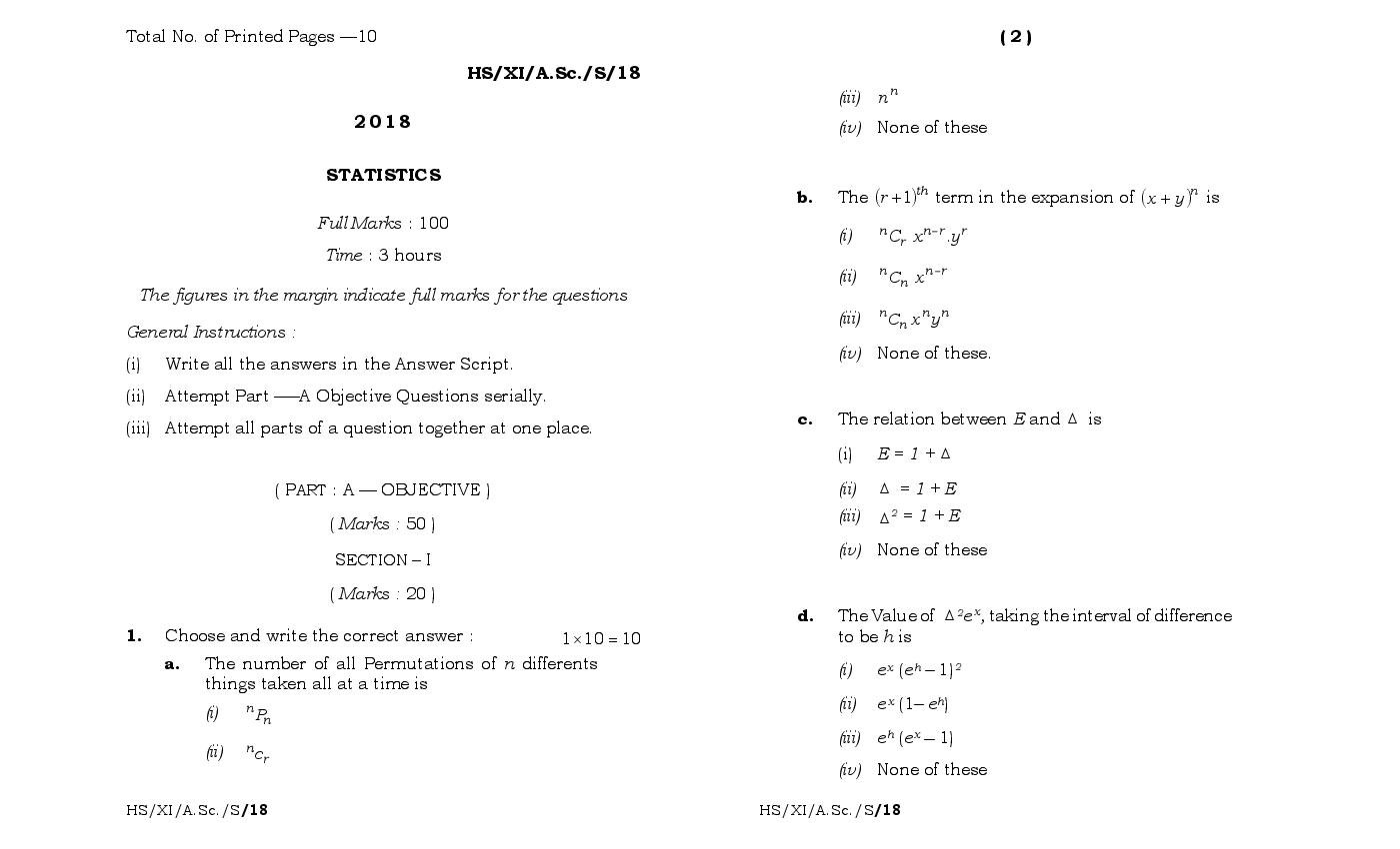 MBOSE Class 11 Question Paper 2018 for Statistics - Page 1