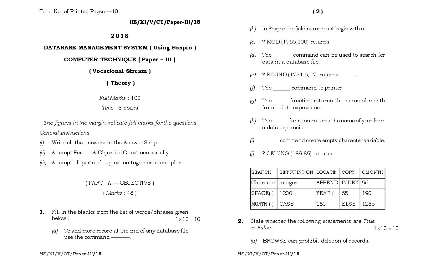 MBOSE Class 11 Question Paper 2018 for Computer Technique Paper-III - Page 1
