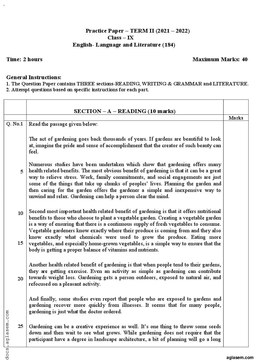 Class 9 Sample Paper 2022 English Term 2 - Page 1