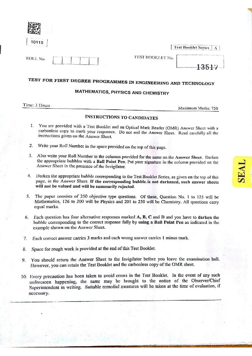 CUSAT CAT 2015 Question Paper Mathematics, Physics, Chemistry - Page 1