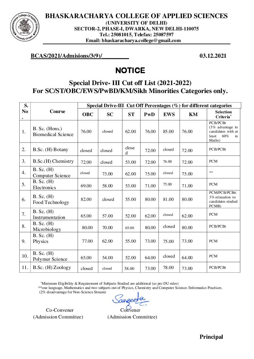 Bhaskaracharya College of Applied Sciences 3rd Special Drive Cut Off List 2021 - Page 1