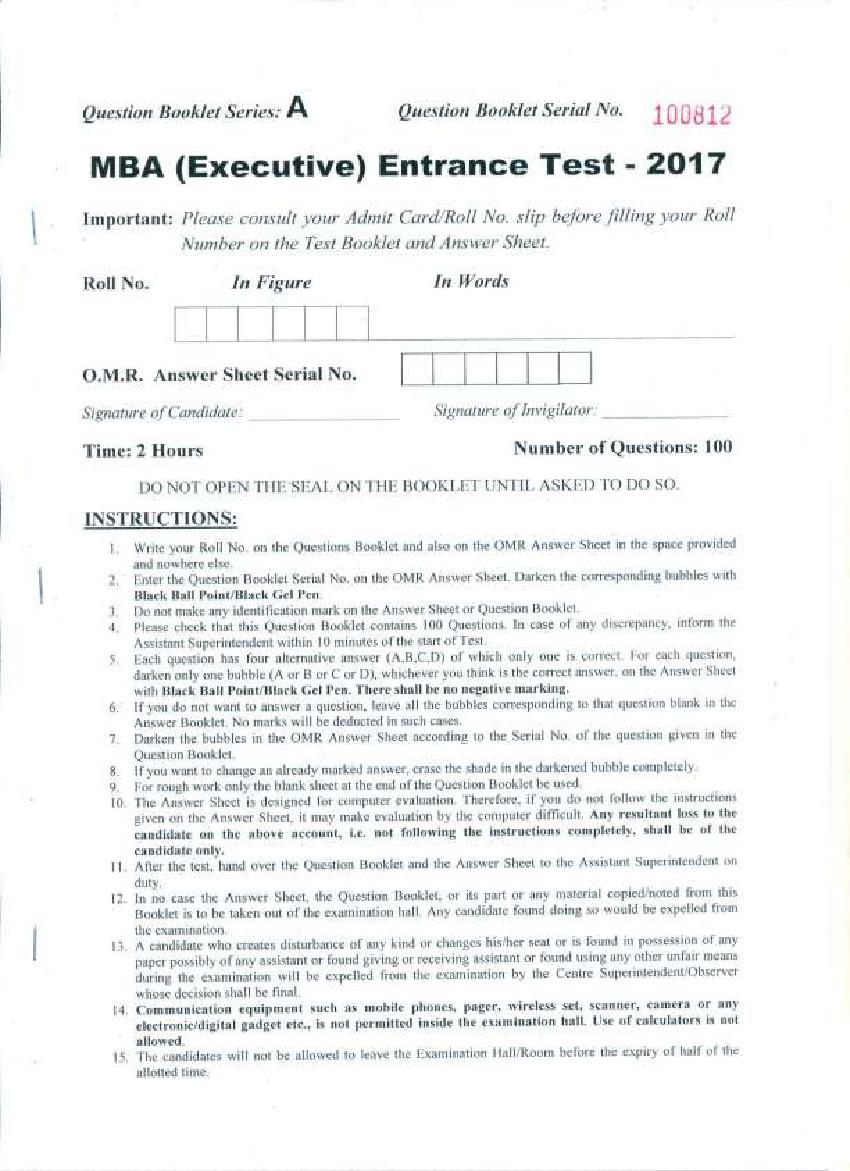 PU MBA (Executive) Entrance Test 2017 Question Paper - Page 1