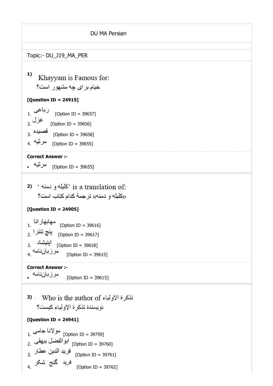 DUET Question Paper 2019 for MA Persian - Page 1