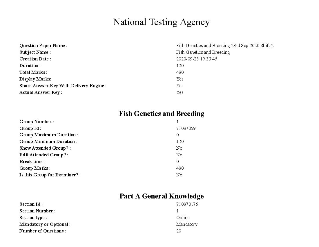 AICE JRF SRF 2020 Question Paper Fish Genetics and Breeding - Page 1