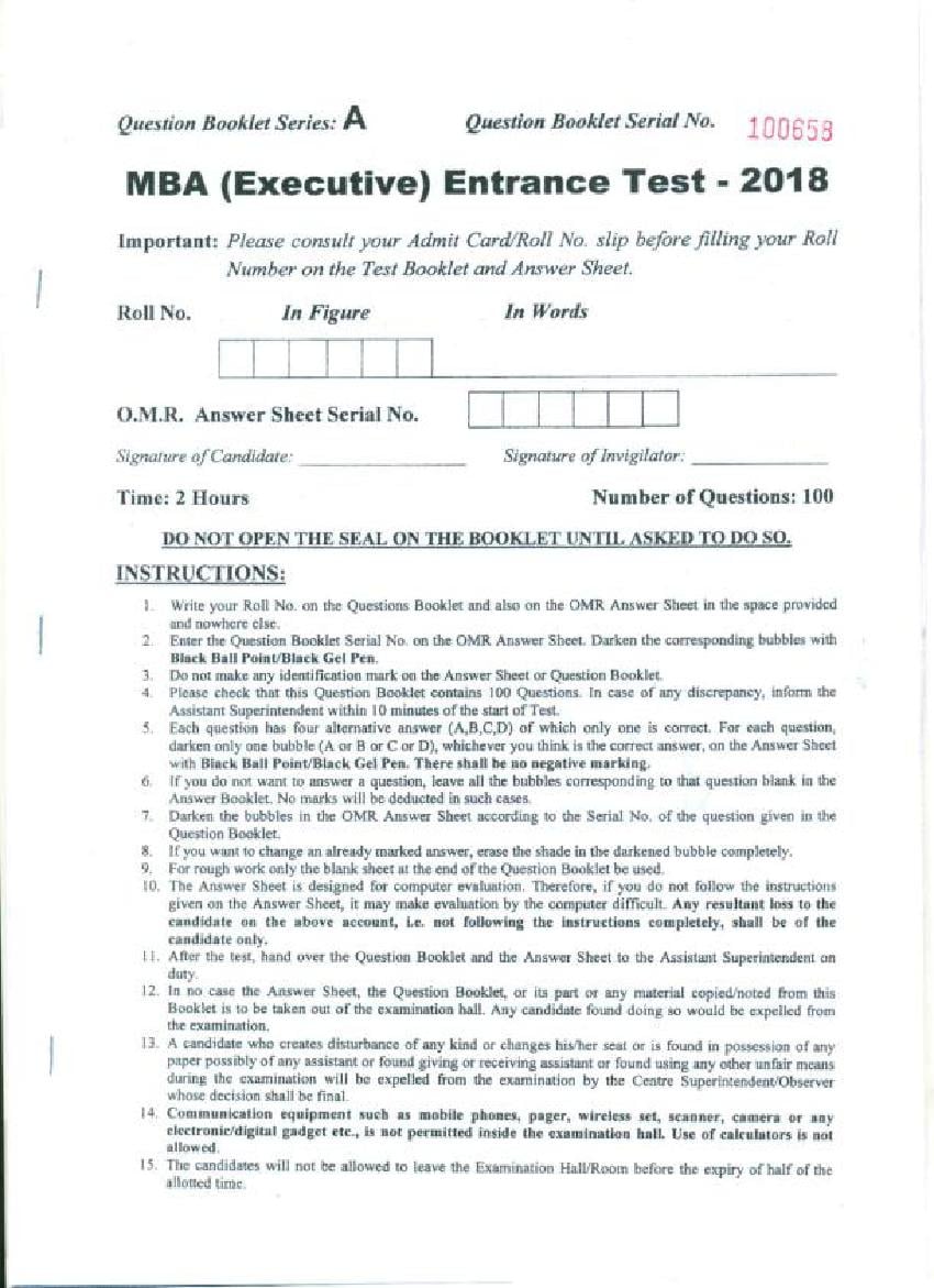 PU MBA (Executive) Entrance Test 2018 Question Paper - Page 1
