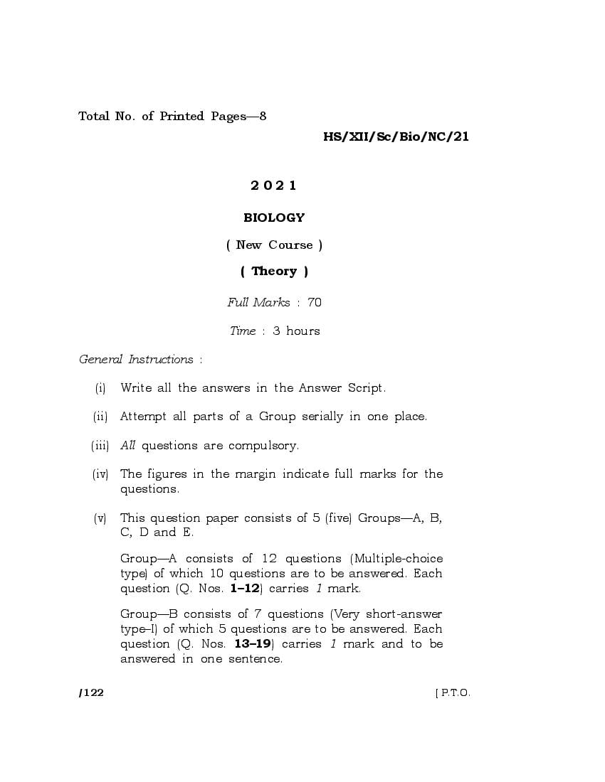 MBOSE Class 12 Question Paper 2021 for Biology - Page 1