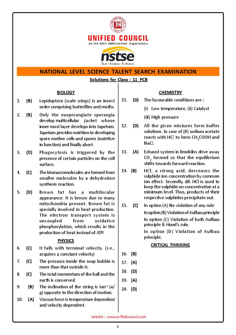 NSTSE Sample Paper Solutions Class 11 PCB - Page 1