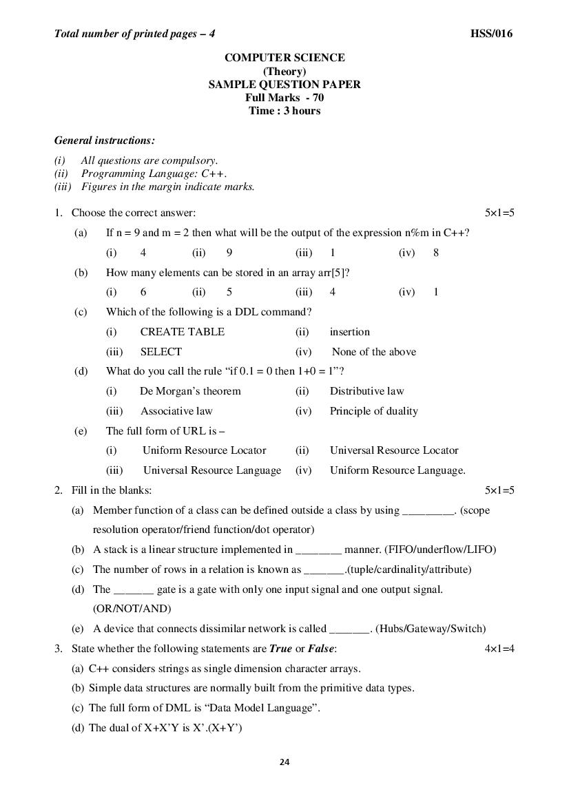 MBSE HSSLC Sample Question Paper 2021 Computer Science - Page 1