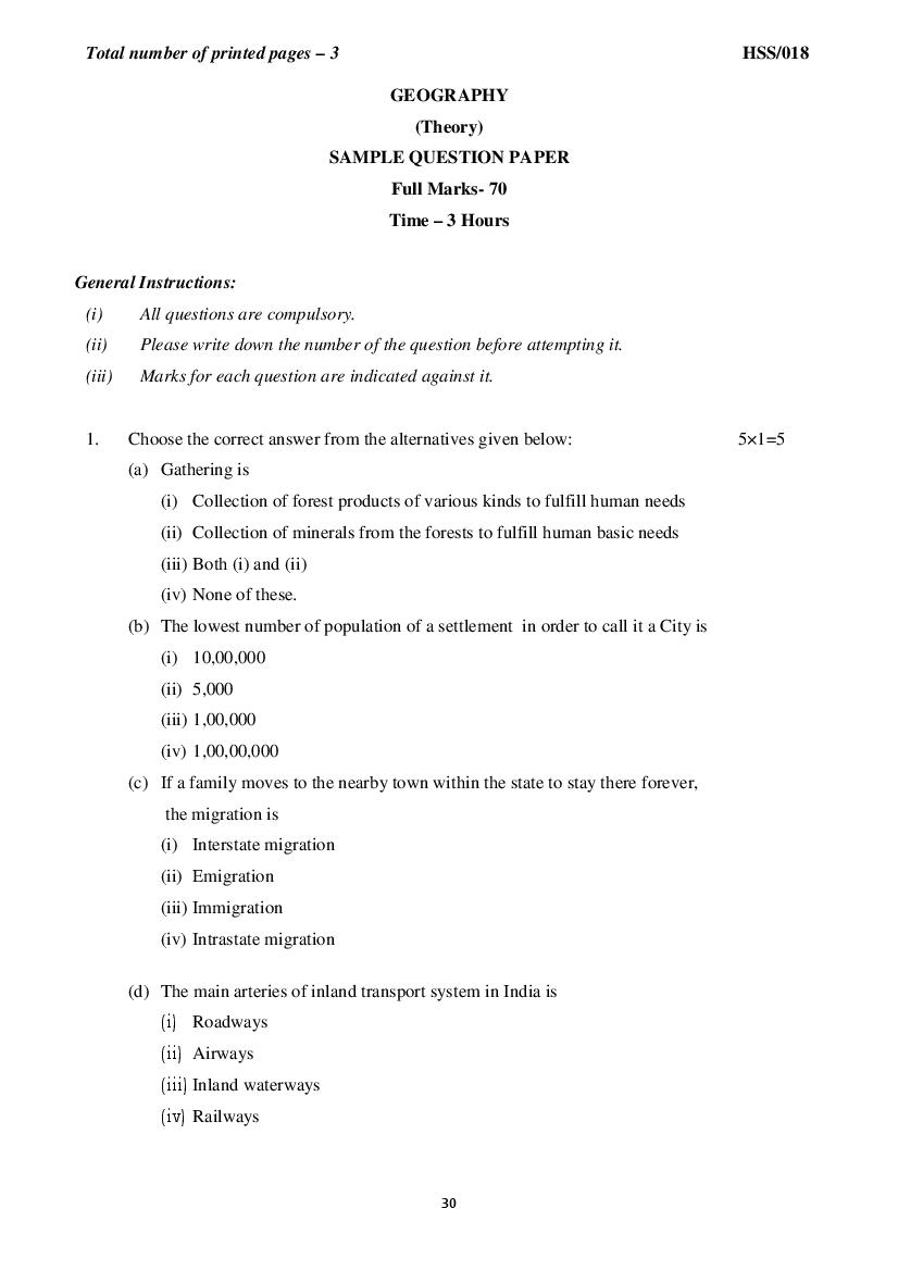 MBSE HSSLC Sample Question Paper Geography - Page 1
