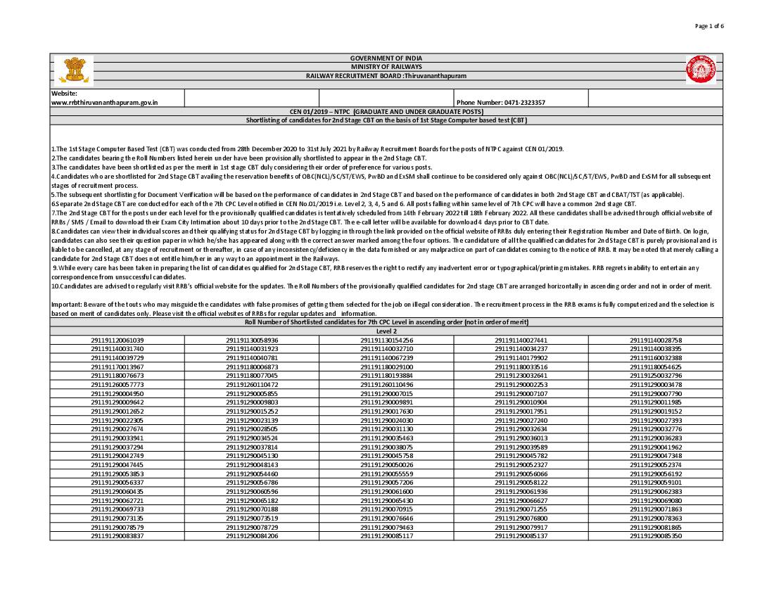RRB Thiruvananthapuram NTPC CBT 1 Result 2022 Level 2 - Page 1