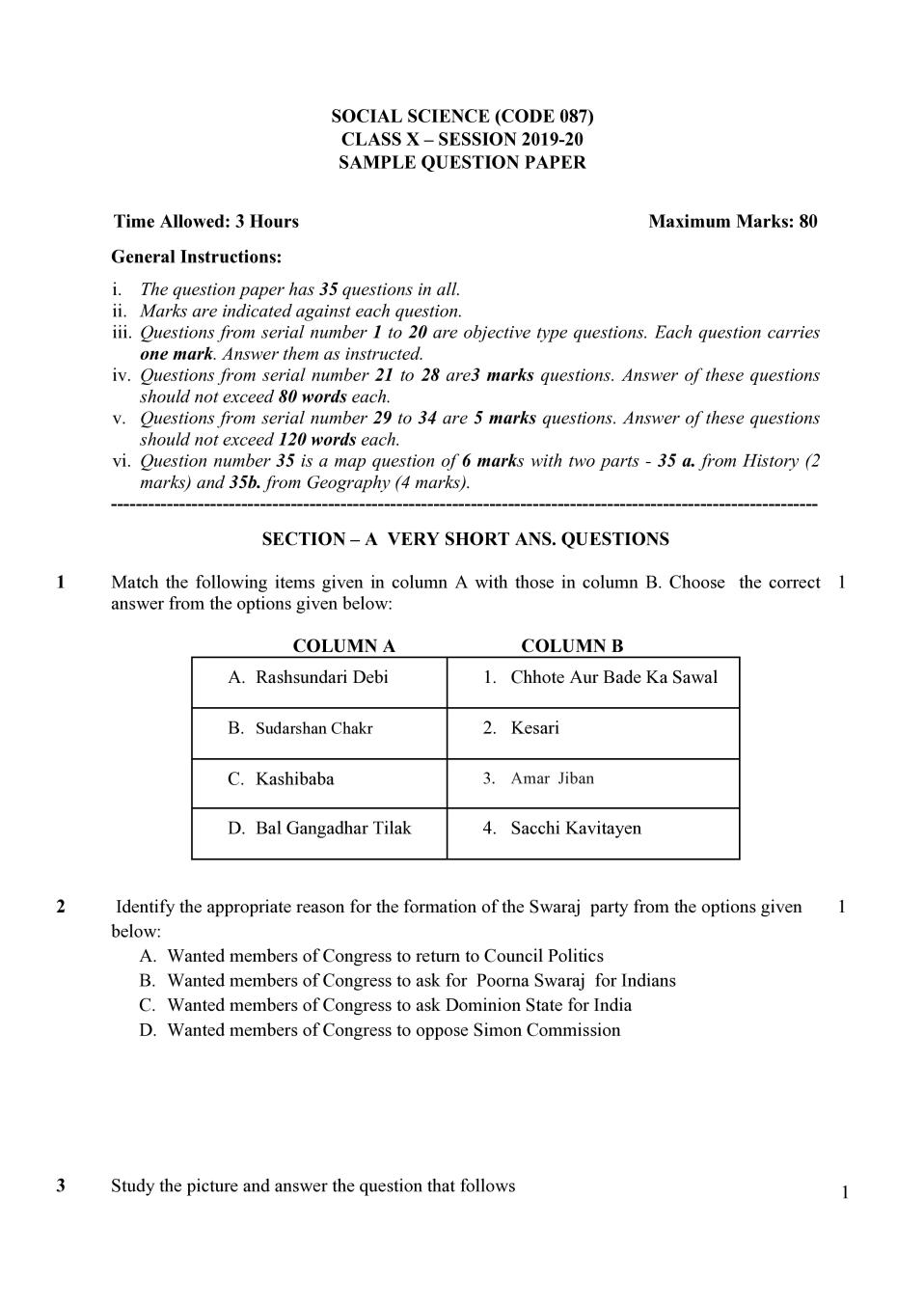 CBSE Class 10 Sample Paper 2020 for Social Science - Page 1