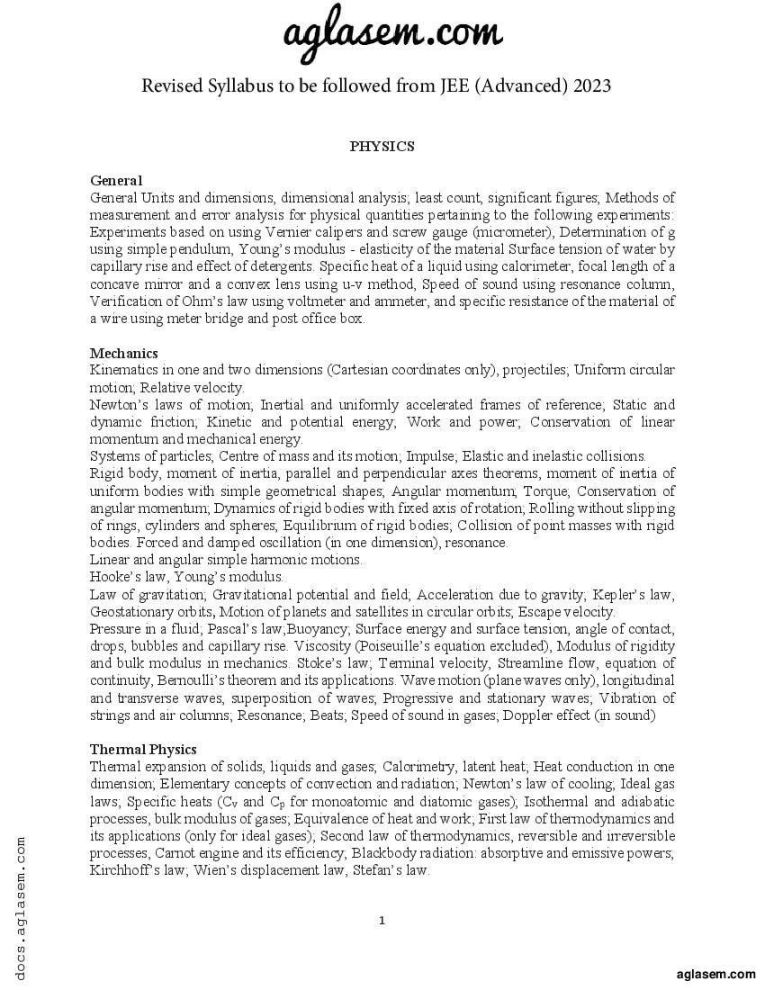 JEE Advanced 2023 Syllabus (New Syllabus) - Page 1